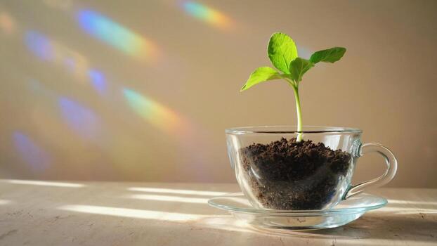 Green Sprout Growing in Clear Cup with Rainbow Light photo