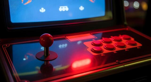 Retro Arcade Game Machine Close up Red Joystick and Buttons Glowing in Neon Light photo