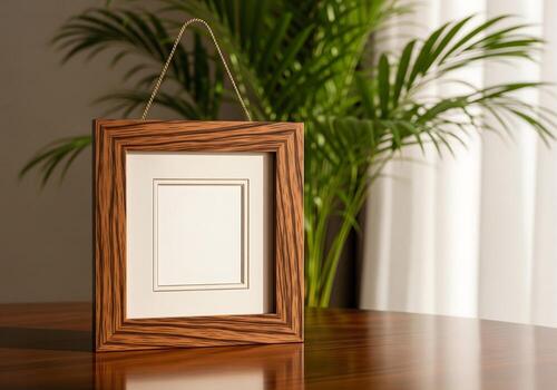 Elegant Square Wooden Frame Mockup Empty Picture Frame on Table photo