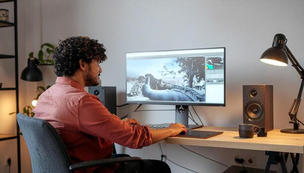 Man working on computer with graphic design software photo