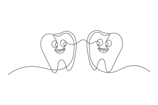 Minimalist teeth outline in continuous one line drawing isolated clean design vector