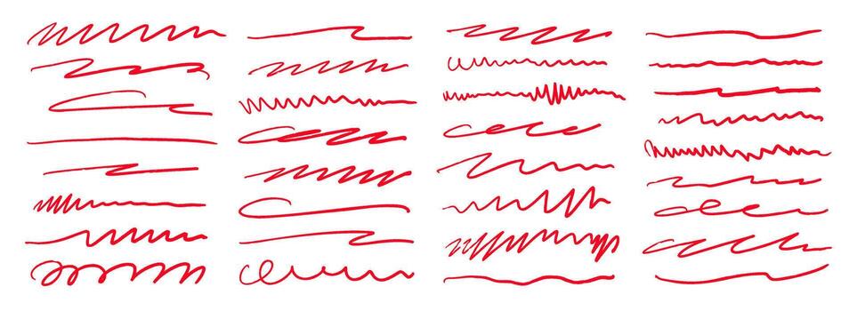 Red hand drawn brush strokes set. Sketched doodle scrawl lines collection. Zig zag, wavy, squiggle scribble stripe pack. Red marker note sign bundle for mark, emphasis, accent, highlight. vector
