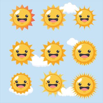 A series of cartoon suns with different expressions. The first sun is smiling, the second is frowning, the third is laughing, the fourth is surprised, the fifth is happy, the sixth is sad vector