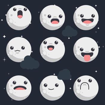 A series of cartoon moon faces with different expressions. Scene is lighthearted and playful vector