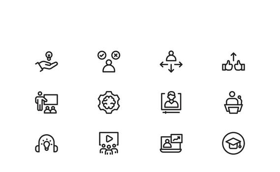 Training and Mentoring Coaching and Guidance Outline Icons Clean Consistent Pixel Perfect Symbols for Mentoring Learning and Development Projects vector