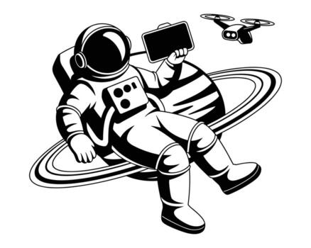 Astronaut Floating In Space With Drone And Tablet Near Saturn On White Background astronaut suit vector
