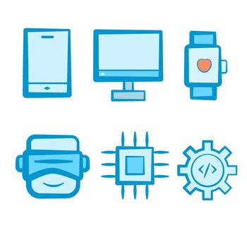 Flat icon set of six blue technology symbols smartphone, monitor, smartwatch, VR headset, microchip, and gear with code. Ideal for tech UI, innovation, or digital development themes. vector