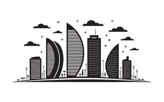 Monochromatic Cityscape Silhouette with Modern Architecture, Clouds, and Starry Sky Art for Creative and Minimalist Design Projects vector