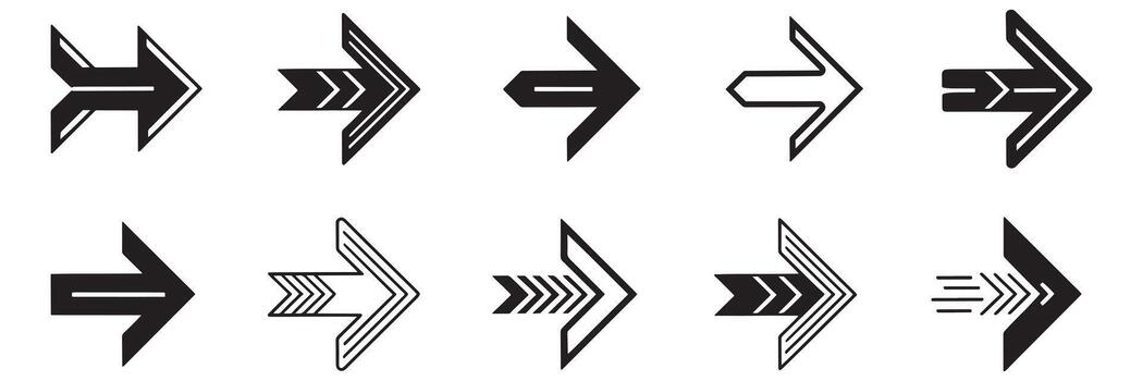 flecha variedad paquete creativo direccional señales y símbolos expresando adelante movimiento, progreso, y navegación a través de diferente diseño estilos vector