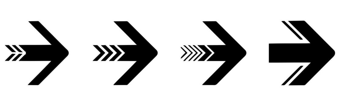 Advancing Forward A Series of Bold Black Arrows Pointing Rightward Indicating Progression and Direction with Unique Trailing Designs vector
