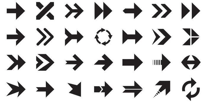 diverso flecha colección un surtido de direccional símbolos para gráfico diseño y orientación aplicaciones en negro y blanco vector