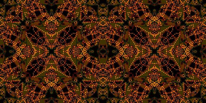 sin costura damasco modelo. brillante naranja y oro modelo. oscuro resumen punteado textura. luminoso digital Arte antecedentes. festivo calentar tono ornamento. chispas mosaico textura vector