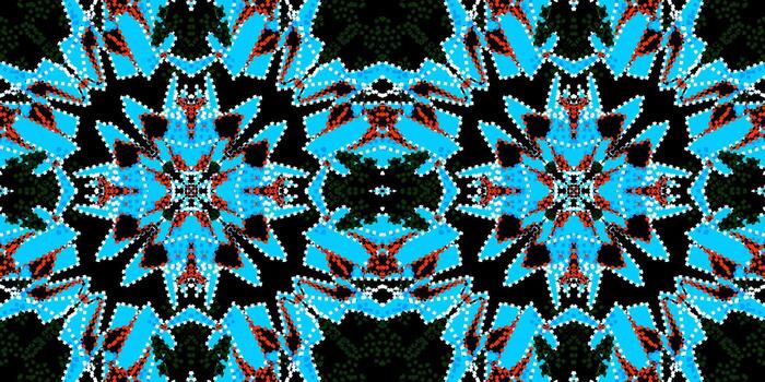 seamless blue Geometric Mosaic Background. Vibrant Cyan Abstract Kaleidoscope Pattern. Symmetrical Digital Art in Blue and Red. ModernKaleidoscopic Design. Bold Abstract Starburst Texture vector