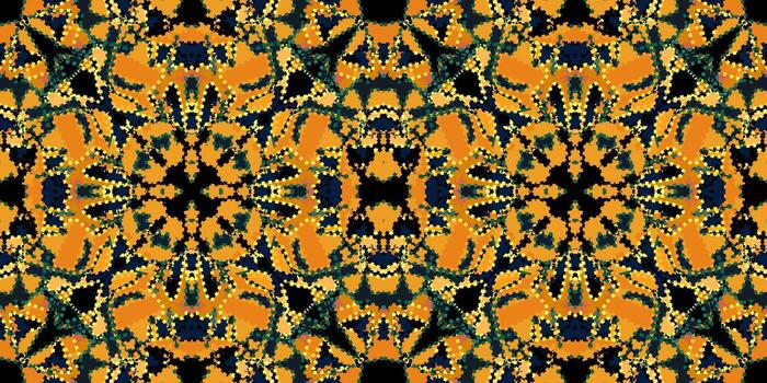 Abstract seamless Kaleidoscope Pattern in Gold and Teal. Vibrant Geometric Mosaic Background . Symmetrical Abstract Design with Orange and Blue. Digital Kaleidoscope Art. Modern Ornate Texture vector