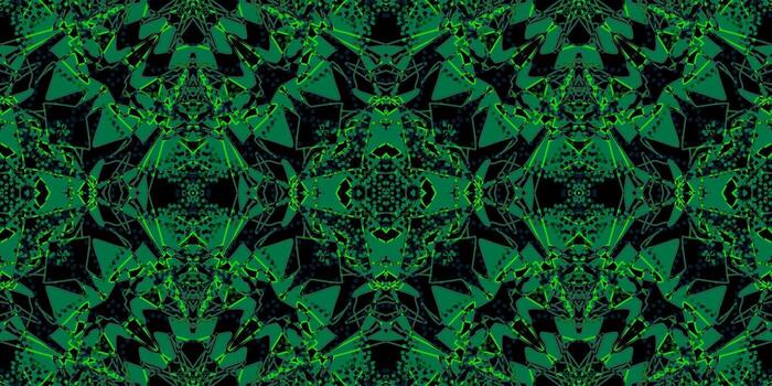Abstract Emerald Green Kaleidoscope Pattern. Neon Green Modern seamless Pattern. Dark Geometric Symmetrical Background . Digital Grunge Abstract Texture . Intricate Cyberpunk Inspired Design. vector