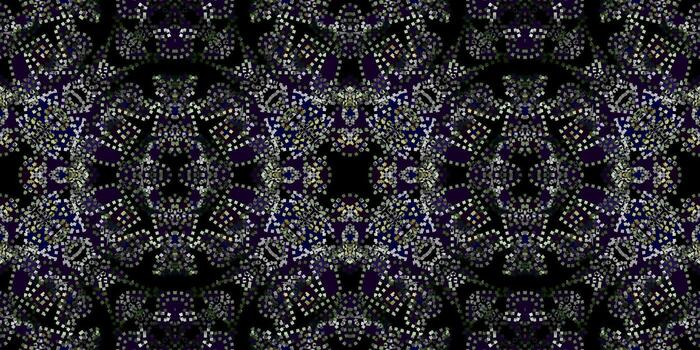 Abstract Mosaic With Bold Colors and Patterns. digital fractal pattern with a kaleidoscopic mandala effect in dark tones, featuring symmetrical dot arrangements in green, blue, and white on a black vector