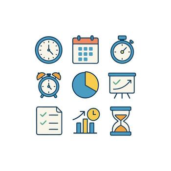 Illustration design of time management tool icons, including clocks, calendars, charts, hourglasses, and checklists. Perfect for business design, deadlines, scheduling, and productivity. vector