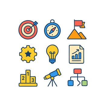 This set of business strategy icons includes a target with an arrow, a compass, a flag on a mountain, a gear, a light bulb idea, a report chart, a podium, a telescope, and a diagram, vector