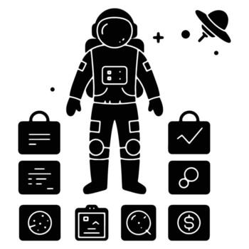 Confident Astronaut Preparing for Space Mission Checklist, Data Analysis, and Financial Planning in a Dark, Dramatic Setting vector