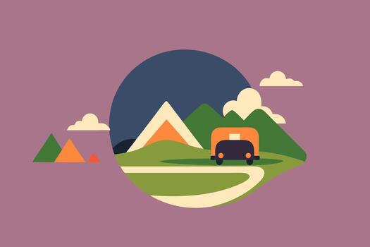 Minimal mountain camping scene with tent, trees, and moon in a circular badge style vector