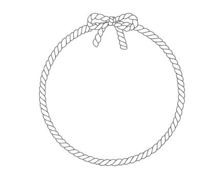 Rope round frame border. Line art with copy space. Linear drawing of circle. String wreath with loops. Outline nautical graphic vector