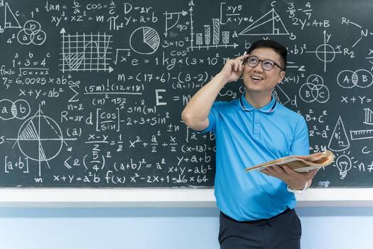 Mathematics teacher thinking and smiling in front of blackboard with complex formulas in classroom photo