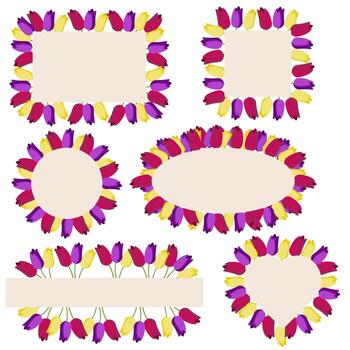 Set of tulip frames. Decorative frames of different shapes. Floral element for your design. illustration isolated on white background. vector