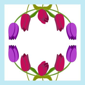 Frame with two decorative arcs of red and purple tulips at the top and bottom. illustration isolated on a blue background. vector
