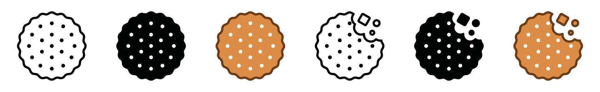 Biscuit icons. Cookie, cracker, Snack icon symbol in line, flat, and colors style on white background. Bitten biscuit icons. Bakery sign and symbol vector