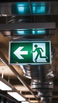 A green emergency exit sign with running figure and arrow points left photo