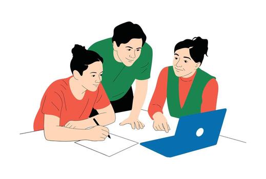 Three people collaborating around a table with laptop and paper vector