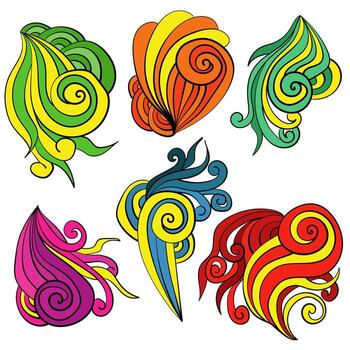 Set of abstract doodle curls with bright colorful elements, decorative spirals for design vector