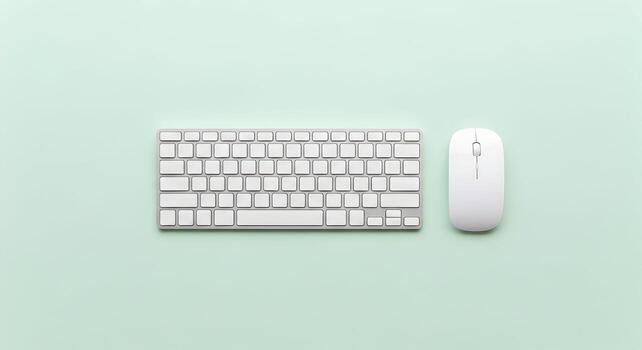 Minimalist Wireless Keyboard and Mouse on Green Background. Clean Modern Workspace Technology Remote Work Productivity Graphic Design Mockup photo