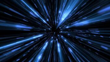 vôo às hiperespaço urdidura Rapidez através uma túnel do brilhando azul estrelas e partículas dentro exterior espaço. galáxia starburst ampliação efeito movimento fundo. cheio hd e looping futurista animação. video