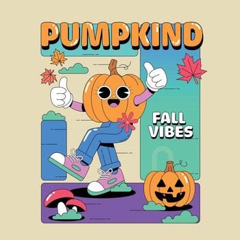 Adorable Pumpkin Character Spreading Fall Vibes with Joyful Expression vector