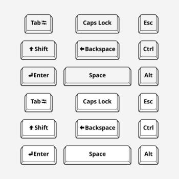 Ctrl, alt, esc, tab, spacebar, shift, enter, backspace, delete, caps lock keys on computer keyboard isolated icon. Keyboard buttons. Control, alternate, escape. vector