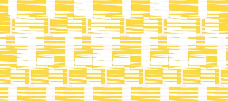 Seamless abstract pattern with yellow geometric rectangles and dynamic textured lines on white. Modern decorative background for textiles, wrapping, and surface design vector