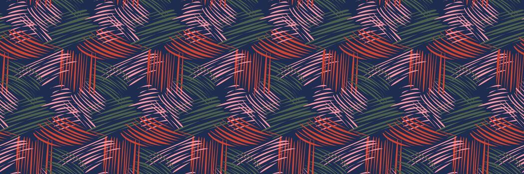 Seamless abstract pattern with hand drawn linear strokes in red, green, and pink on a dark navy background. Modern geometric texture for fabric, wallpaper, or wrapping vector