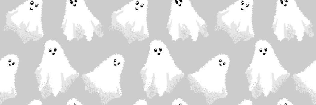 Seamless Halloween pattern with sketchy white ghosts on a light gray background. Fun and spooky design for party decor, wrapping paper, textiles, and holiday projects vector