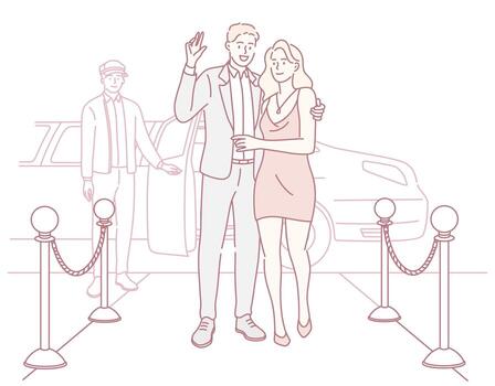 An Elegant Couple Arriving at a Red Carpet Event in Style and Glamour to Make a Statement vector