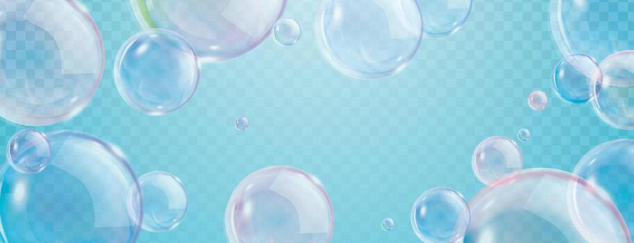 Transparent bubble clear bubble floating bubble blue background light reflection realistic clean airy soft cheerful abstract design with bubbles floating on blue gradient background vector