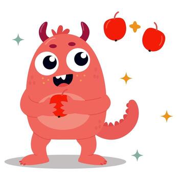 A funny little monster counting apples with tails and horns. For school assignments, diaries, and diplomas. vector