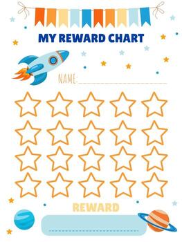 Achievement tracking chart for children with a space-themed prize featuring a rocket and stars in a simple style vector