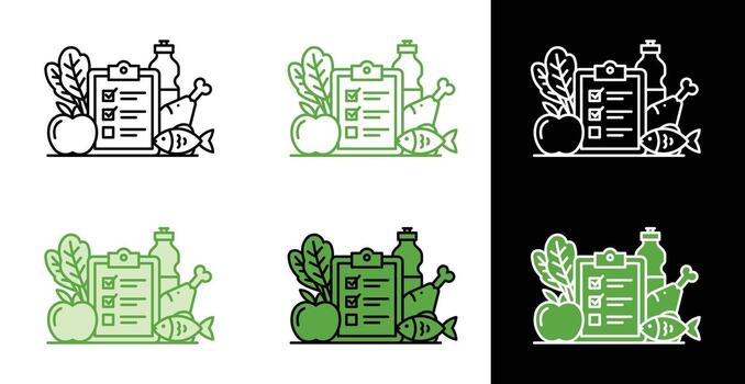 Diet checklist clipboard with apple fish and bottle in conceptual icon set vector