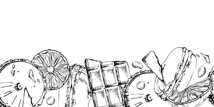 ink sliced oranges, citrus and truffle macarons, chocolate bar fragments. Isolated hand drawn seamless banner. Recipe card frames, menu design accents, digital craft and culinary patterns. vector