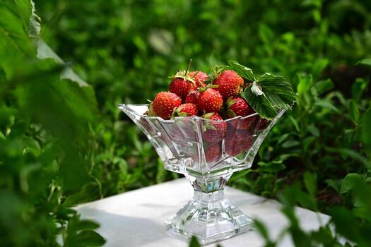 The picture highlights a bowl overflowing with juicy, red strawberries, their green leaves adding to the vibrant color palette. The soft, blurred green background enhances the sense of freshness. photo