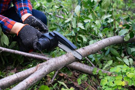 A man in gloves saws a wooden tree trunk with a saw. Gardening work.Concept of a rest. photo
