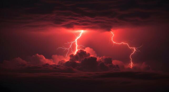 Multiple red lightning strikes illuminate an extremely dark red sky during a severe, foreboding thunderstorm. photo