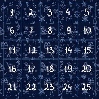 Dark blue advent calendar with new year pattern, countdown to Christmas with numbers. Printable collection images collection. vector