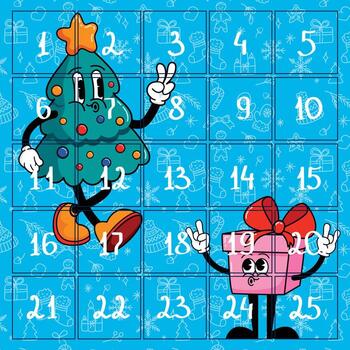 Christmas advent calendar. Countdown with funny Christmas characters, tree and gift box. Retro poster template for December with festive elements. Advent calendar for kids, school events and Christmas vector